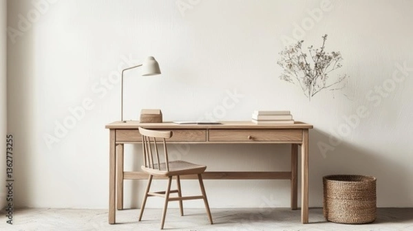 Fototapeta Scandinavianinspired minimalist wooden study, light oak furniture, soft neutral tones, and clean lines