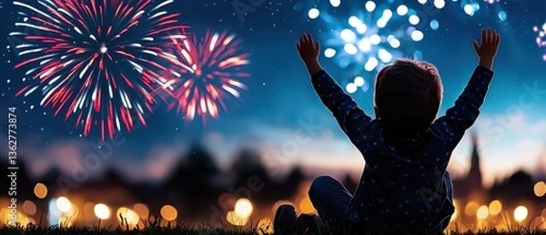 Fototapeta Silhouetted person with arms raised in excitement watching a vibrant colorful fireworks display lighting up the night sky at a lively celebratory holiday gathering