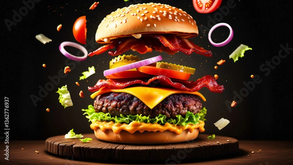 Fototapeta A grilled beef burger sandwich with cheese and lettuce, a fast snack of cheeseburger