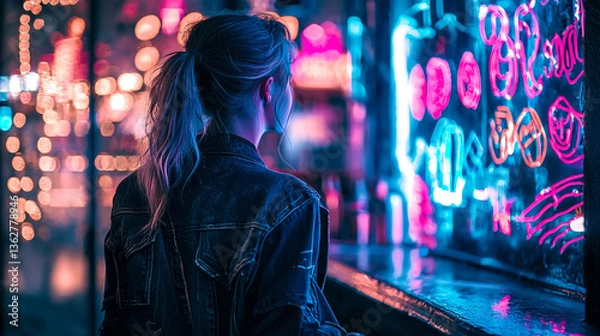 Fototapeta Woman with ponytail in jacket looking at neon lights at night in a city street setting back view