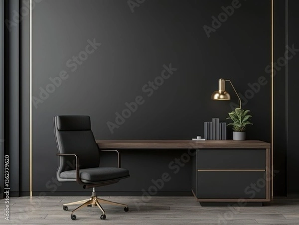 Fototapeta Dark walnut study room with golden accent lighting, sleek minimalist elegance