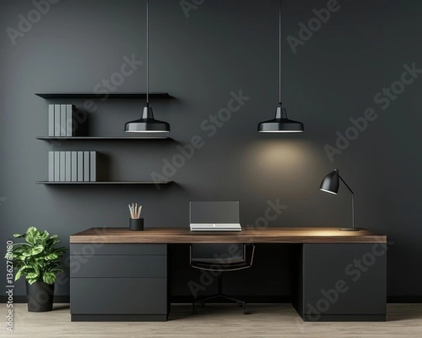 Obraz Sleek modern study room with a dark wood desk, clean architectural details, and ambient lighting