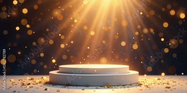 Fototapeta Empty podium with luxury background, golden confetti scattered, gold, winner