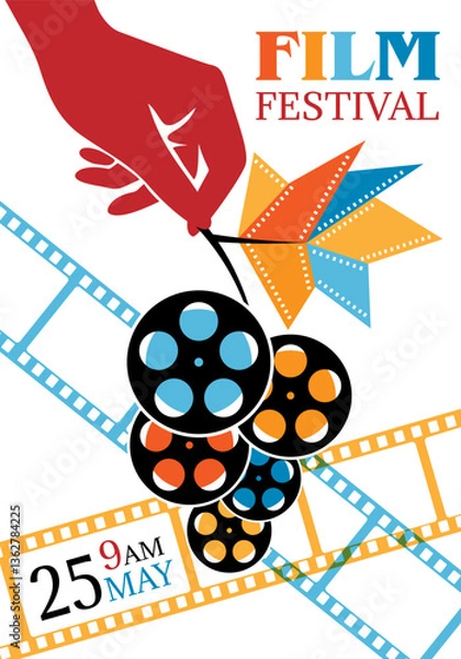 Obraz Cinema poster template. Vector conceptual vertical flyer in retro style for movie festival. A hand holding a bunch of grapes from reels with film.