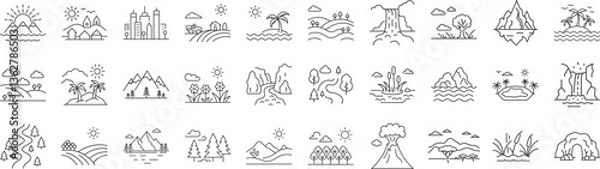 Fototapeta Landscapes line icon set. Vector pictograms of natural and urban scenery, mountain, beach, forest, desert, waterfall, cityscape, canyon thin linear illustration.