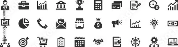 Obraz Business and finance icon set. Vector glyph pictograms of briefcase, chart, money, banking, accounting, handshake, calendar, corporate, marketing, investment concept black silhouette illustration.