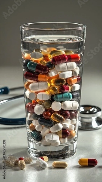 Fototapeta Health concept: overflowing pill glass symbolizing medication overload and healthcare challenges