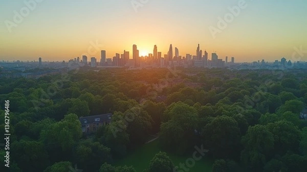 Fototapeta London Skyline Sunset: Cityscape Aerial View Over Lush Greenery