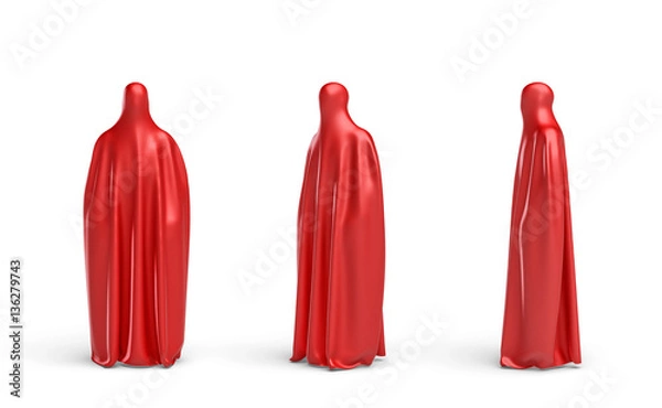 Fototapeta 3d rendering of a full height human silhouette covered by red cloth in front, side and 45 degrees view.