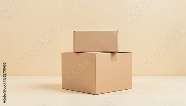 Fototapeta Stack of cardboard boxes on a neutral background  