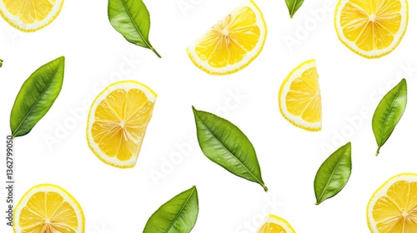 Fototapeta A pattern of lemons and leaves is shown on a white background