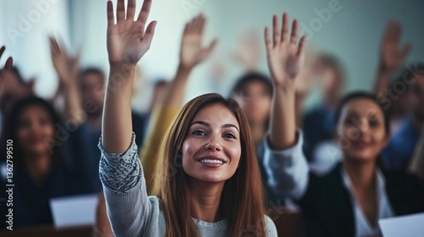 Obraz Employees voting on a decision with raised hands mid-range shot in a professional meeting space balanced perspective warm office lighting 