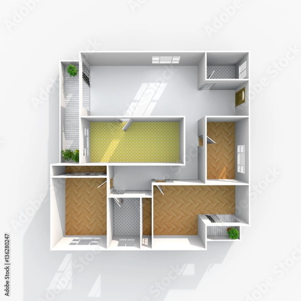 Fototapeta 3d interior rendering of square empty home apartment with floor materials