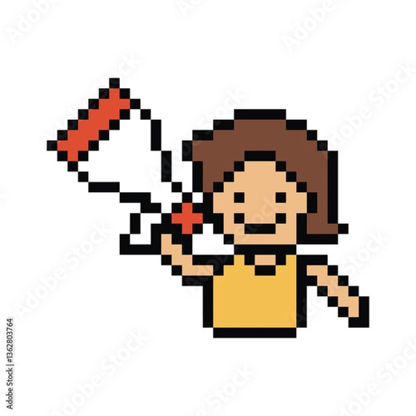 Fototapeta Pixel art cute cartoon character man with megaphone announcement speaker information announce decoration 8 bit male boy megaphone cartoon pixel game png vector.
