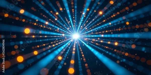 Fototapeta Radial blue and yellow lines emanating from a central optical fiber hub , yellow, abstract