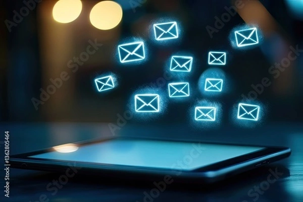 Fototapeta Glowing Email Icons Rising From Tablet Screen, Dark Background, Bright Bokeh Lighting