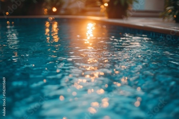 Obraz Evening sun reflecting on tranquil pool water surrounded by lush greenery in a serene outdoor setting