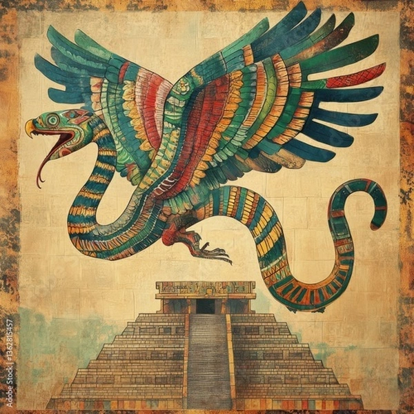 Fototapeta Colorful quetzalcoatl mural with pyramid in ancient aztec artwork design