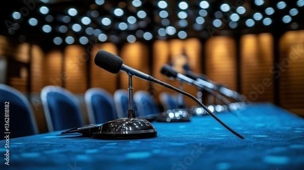 Obraz Conference Microphones on Blue Table