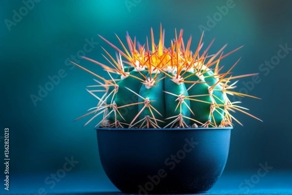 Fototapeta Vibrant cactus with striking spines showcased in a black pot against a softly blurred background