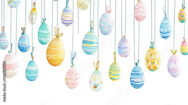 Obraz A vibrant collection of pastel-colored Easter eggs suspended gracefully with strings, isolated on a transparent background.