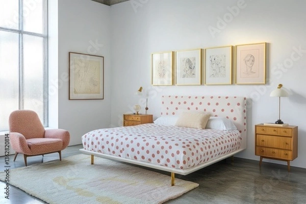 Fototapeta Modern bedroom with polka dot bedding, mid-century furniture, and artwork.