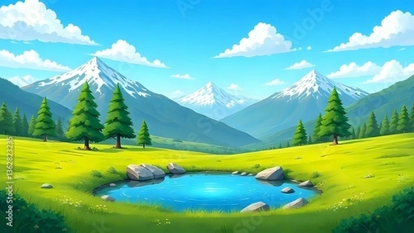 Obraz mountain landscape with lake cartoon illustration background 
