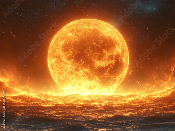 Fototapeta a massive, brilliant celestial body, likely a moon or sun, surrounded by fiery, glowing clouds and a dark, starry sky, creating a dramatic and otherworldly scene.
