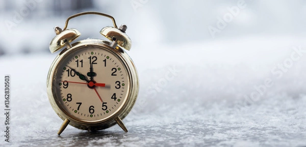 Obraz Golden alarm clock on a snowy backdrop.