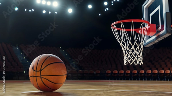 Fototapeta A basketball ball in front of a large modern basketball arena, showcasing the excitement and intensity of the game, with the court and seating area in the background.
