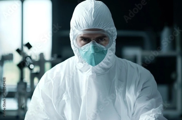Fototapeta A scientist wearing a white lab coat and mask conducts experiments in a laboratory.