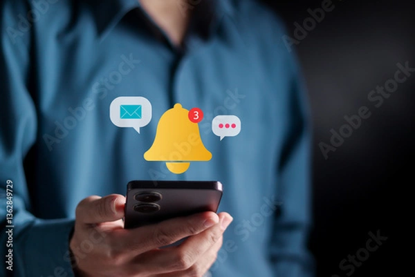 Fototapeta Alert notification concept. Push Notifications, Web Reminders, Time Table and Announcements. Person using smartphone with notification icon on virtual screen.