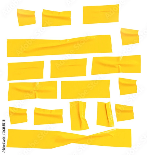 Obraz Top view set of wrinkled or crumpled yellow adhesive vinyl tape or cloth tape in stripes shape isolated with clipping path in png file format
