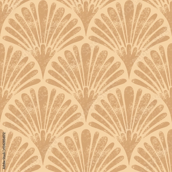 Fototapeta Geometric brown palm Leaves seamless Pattern of scallop leaf shapes on beige background. Textured symmetrical tropical plants. For wallpaper, home décor and textile. Raster repeat allover illustration