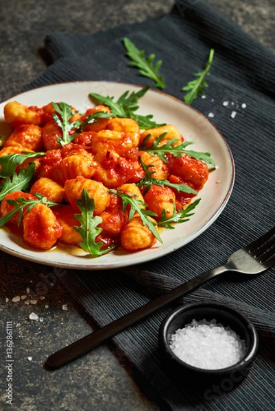 Obraz Traditional italian gnocchi with tomato sauce. Vertical photograph