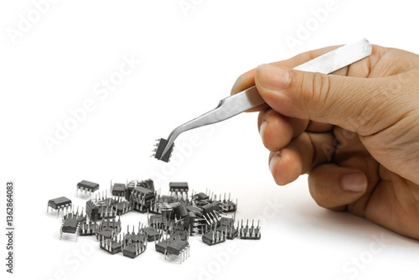 Obraz Precision hand use of tweezers to pick up integrated circuit components at a workbench