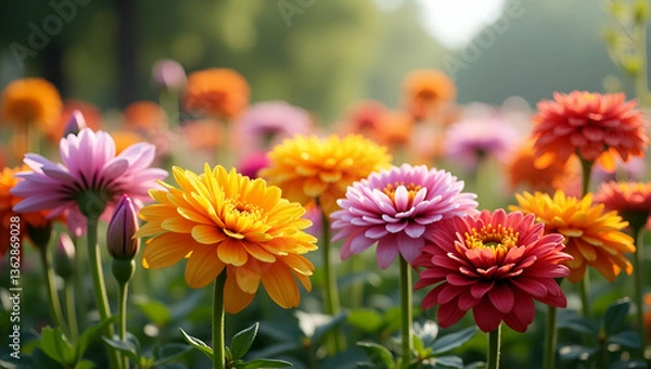 Fototapeta Flat Beautiful variety of blooming flowers in garden showcasing botanical diversity and natural beauty as background concept. concept as Beautiful variety of blooming flowers in garden showcasing bota