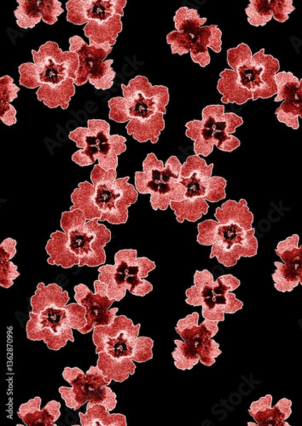 Fototapeta Seamless pattern created from a watercolor painting, with a motif of small red flowers on a black background