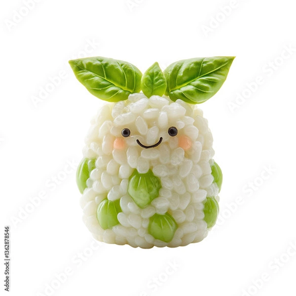 Obraz Adorable Rice Ball Character with Basil Ears and Green Accents - Fun Kids Food