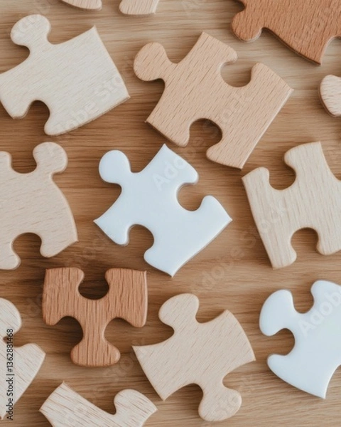 Fototapeta Minimalist Collaborative Strategy Neutral-Toned Wooden Puzzle Metaphor for Inclusive Workplace Innovation and Adaptive Team Problem-Solving in Modern Business Environments