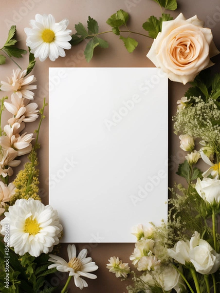 Fototapeta Blank card surrounded by white and pastel flowers