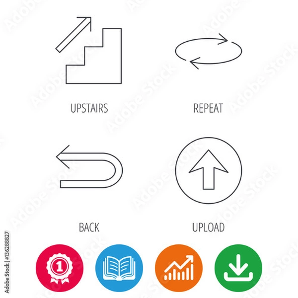 Fototapeta Arrows icons. Upload, repeat and shuffle linear signs. Upstairs, back arrow flat line icons. Award medal, growth chart and opened book web icons. Download arrow. Vector