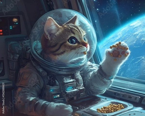 Fototapeta Astronaut Cat Eating Kibble in Spaceship