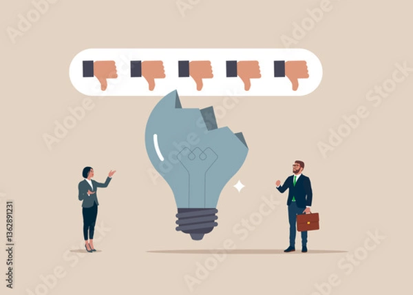 Obraz Crashed lightbulb with icons dislike. Financial crisis and Global economic money problem. After business failure, burnout or exhausted from crisis, no new idea or inspiration. Flat vector illustration