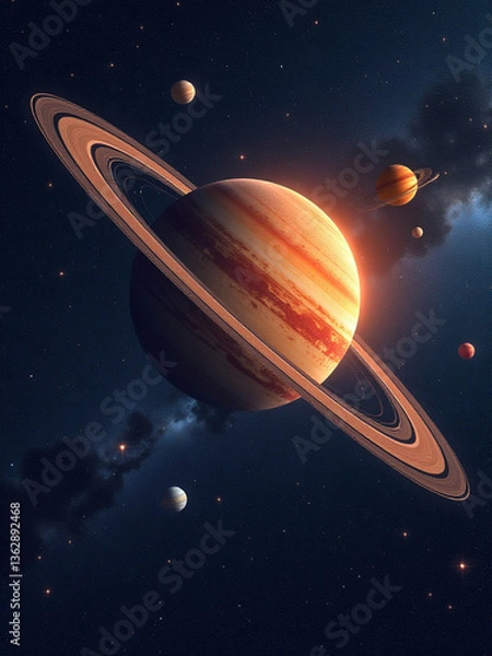 Fototapeta Futuristic 3D Space Illustration of a Glowing Planet with Rings in a Distant Galaxy
