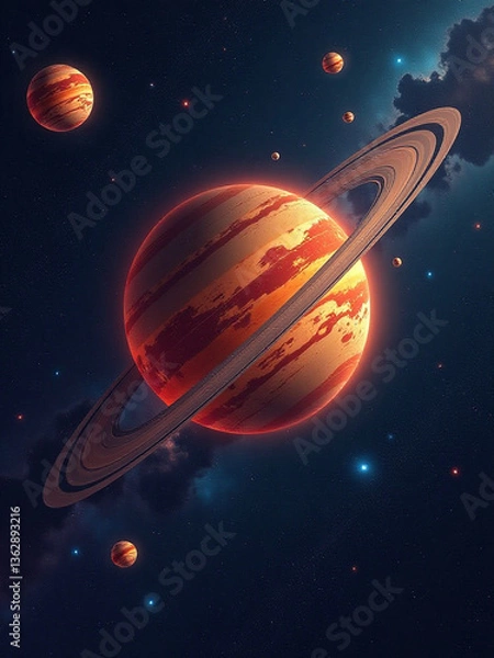 Fototapeta Futuristic 3D Space Illustration of a Glowing Planet with Rings in a Distant Galaxy
