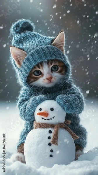 Fototapeta A kitten wearing knitwear hugs a tiny snowman in snowy weather