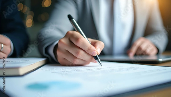 Fototapeta Business Approval and Certification: The Importance of Official Stamping and Signing in Marketing Documents for Legal Compliance and Trust in Brand Partnerships - Stock Photo Concept