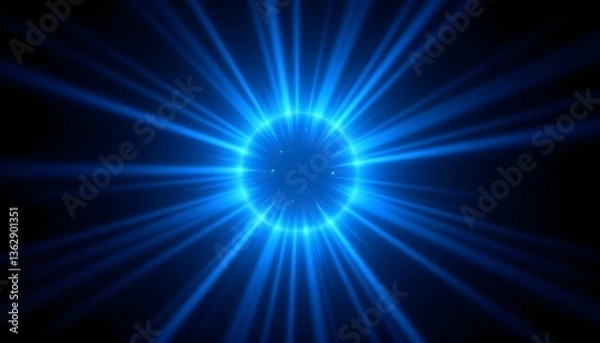 Fototapeta A striking image of vibrant blue rays radiating outwards from a central sphere against a dark, shadowy background.