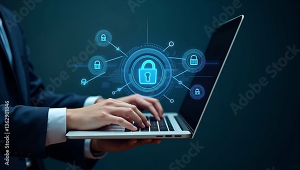 Fototapeta Flat Hand Using Laptop with Holographic Zero Trust Security Icons